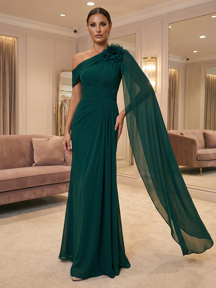 A-Line Off Shoulder Chiffon Cape Sleeves Maxi Mother of the Bride & Groom Dresses with Ruched Waist & 3D Floral Applique