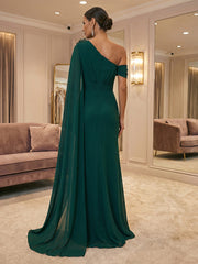 A-Line Off Shoulder Chiffon Cape Sleeves Maxi Mother of the Bride & Groom Dresses with Ruched Waist & 3D Floral Applique