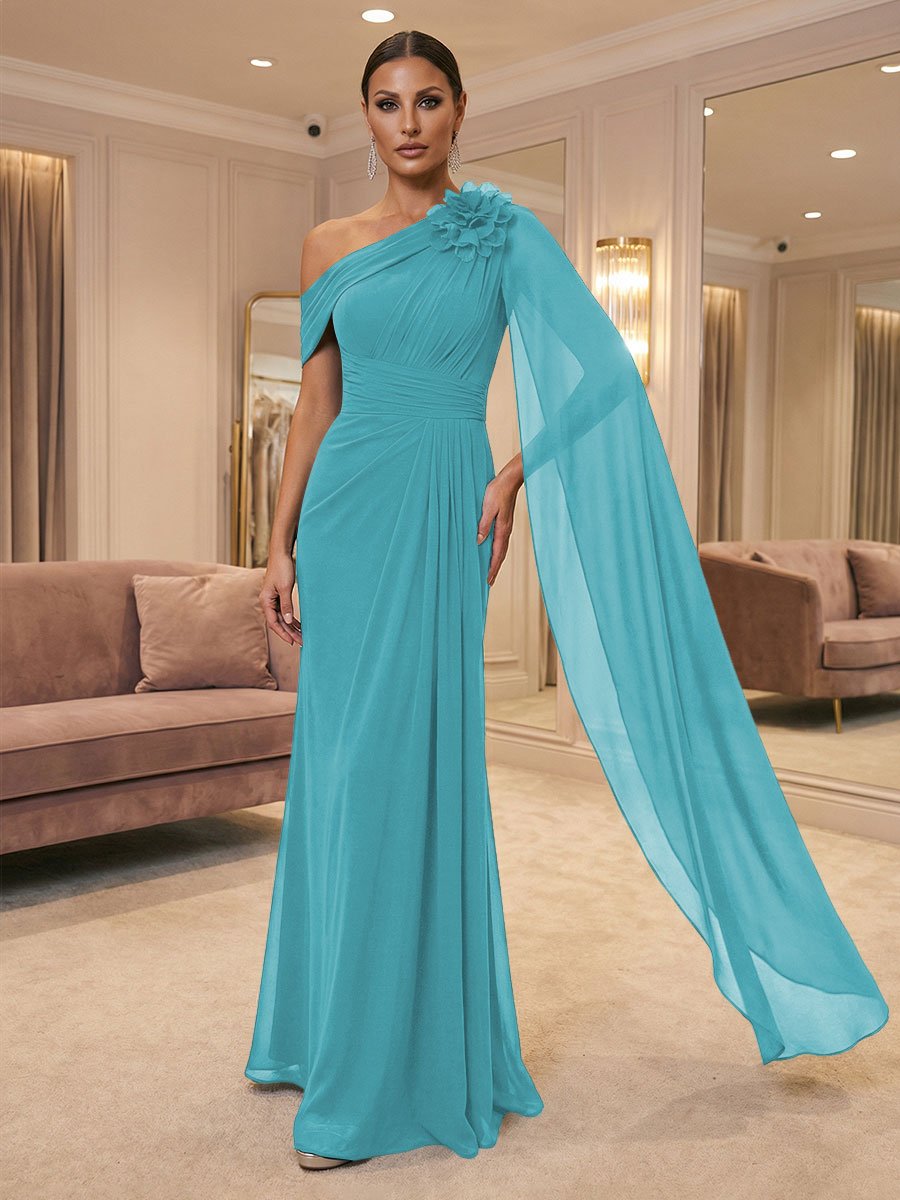 A-Line Off Shoulder Chiffon Cape Sleeves Maxi Mother of the Bride & Groom Dresses with Ruched Waist & 3D Floral Applique