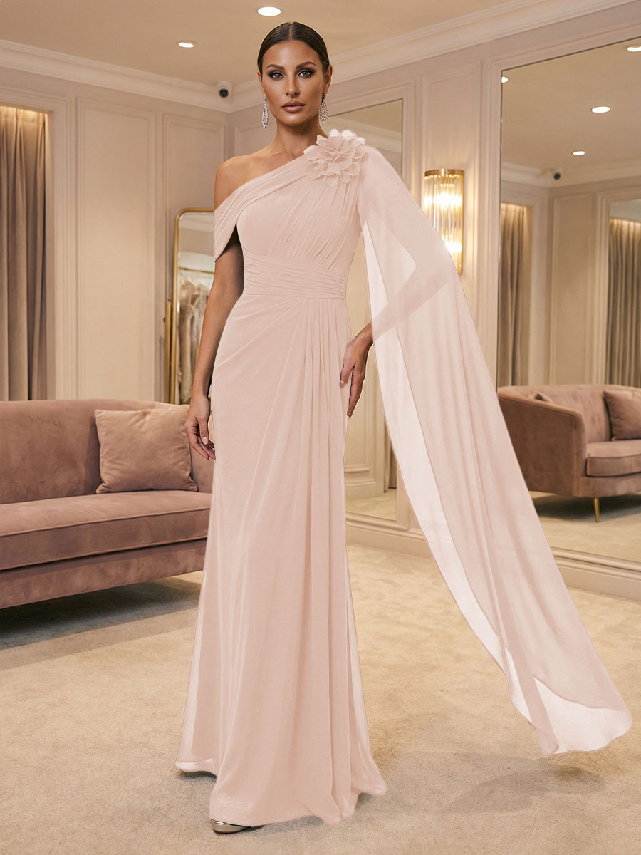 A-Line Off Shoulder Chiffon Cape Sleeves Maxi Mother of the Bride & Groom Dresses with Ruched Waist & 3D Floral Applique