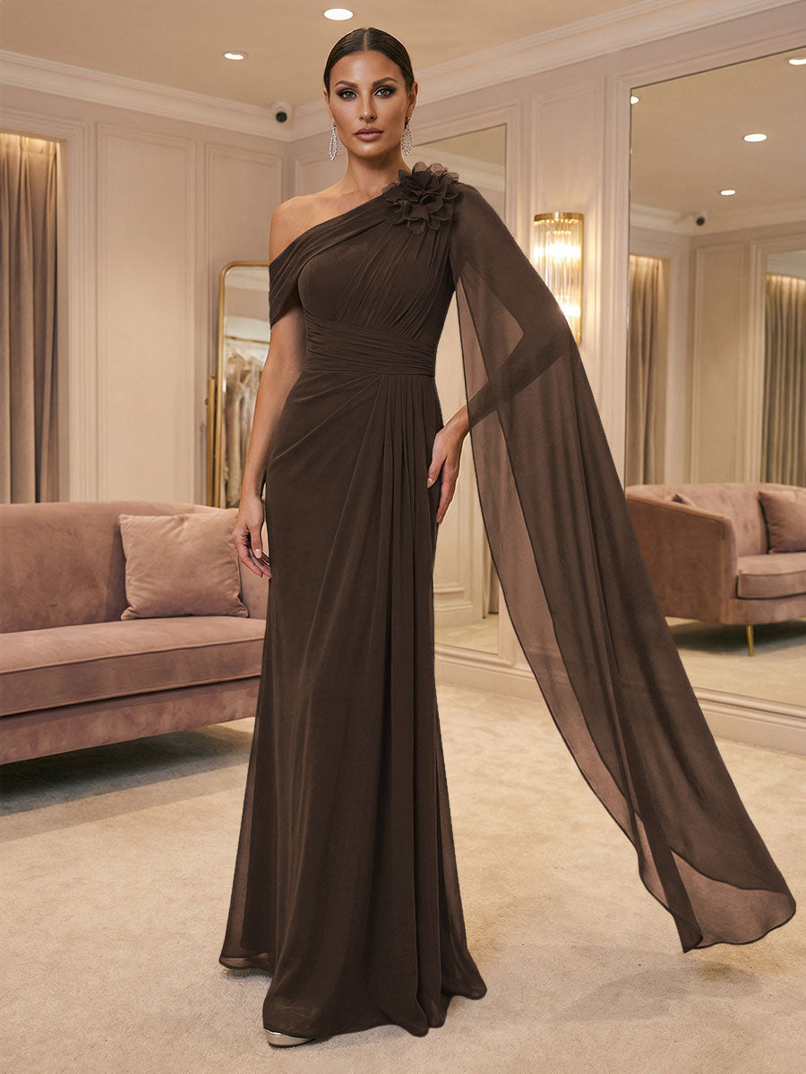 A-Line Off Shoulder Chiffon Cape Sleeves Maxi Mother of the Bride & Groom Dresses with Ruched Waist & 3D Floral Applique