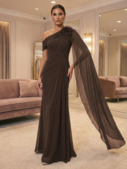 A-Line Off Shoulder Chiffon Cape Sleeves Maxi Mother of the Bride & Groom Dresses with Ruched Waist & 3D Floral Applique