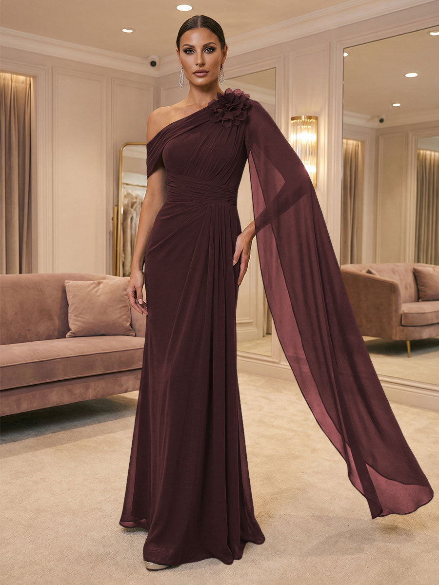 A-Line Off Shoulder Chiffon Cape Sleeves Maxi Mother of the Bride & Groom Dresses with Ruched Waist & 3D Floral Applique