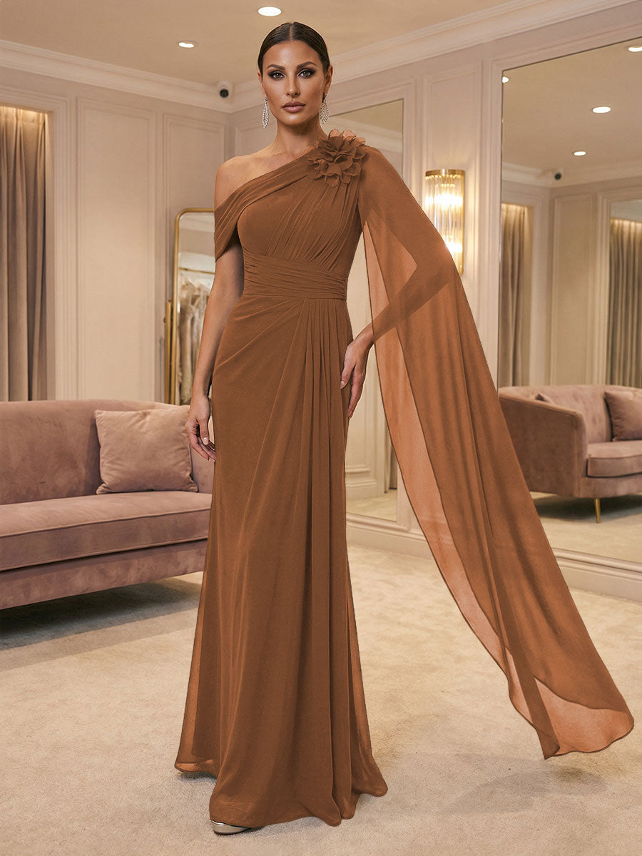 A-Line Off Shoulder Chiffon Cape Sleeves Maxi Mother of the Bride & Groom Dresses with Ruched Waist & 3D Floral Applique