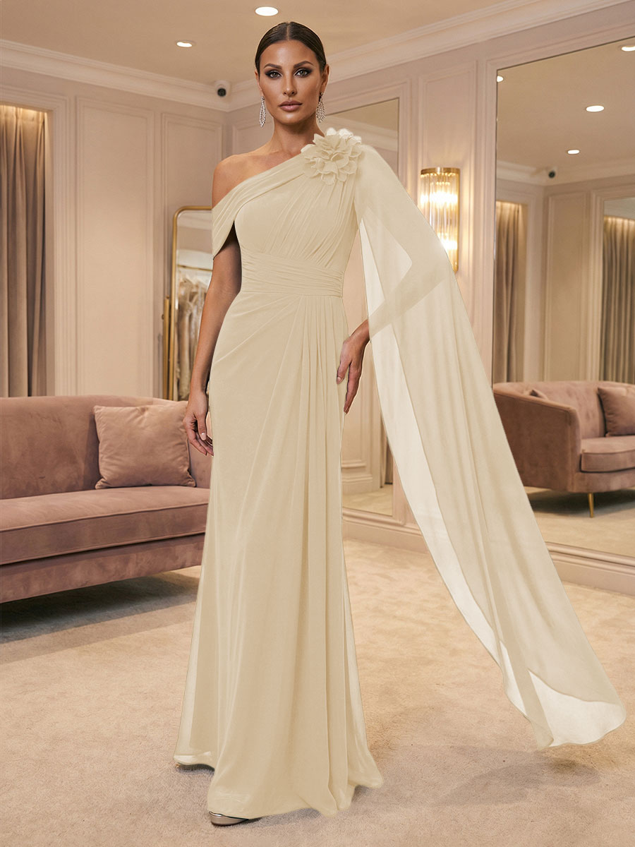 A-Line Off Shoulder Chiffon Cape Sleeves Maxi Mother of the Bride & Groom Dresses with Ruched Waist & 3D Floral Applique