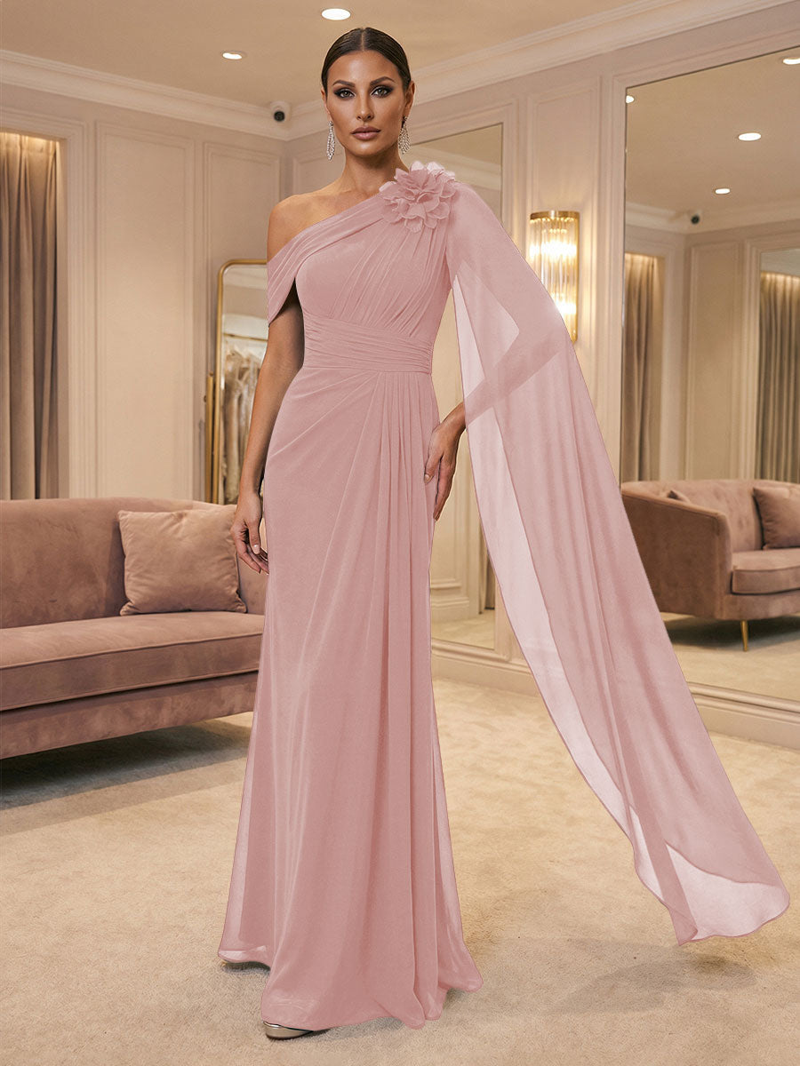 A-Line Off Shoulder Chiffon Cape Sleeves Maxi Mother of the Bride & Groom Dresses with Ruched Waist & 3D Floral Applique