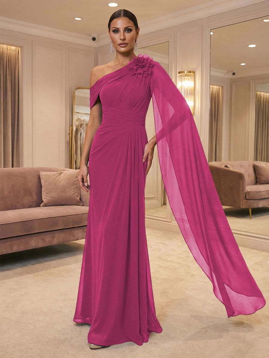 A-Line Off Shoulder Chiffon Cape Sleeves Maxi Mother of the Bride & Groom Dresses with Ruched Waist & 3D Floral Applique