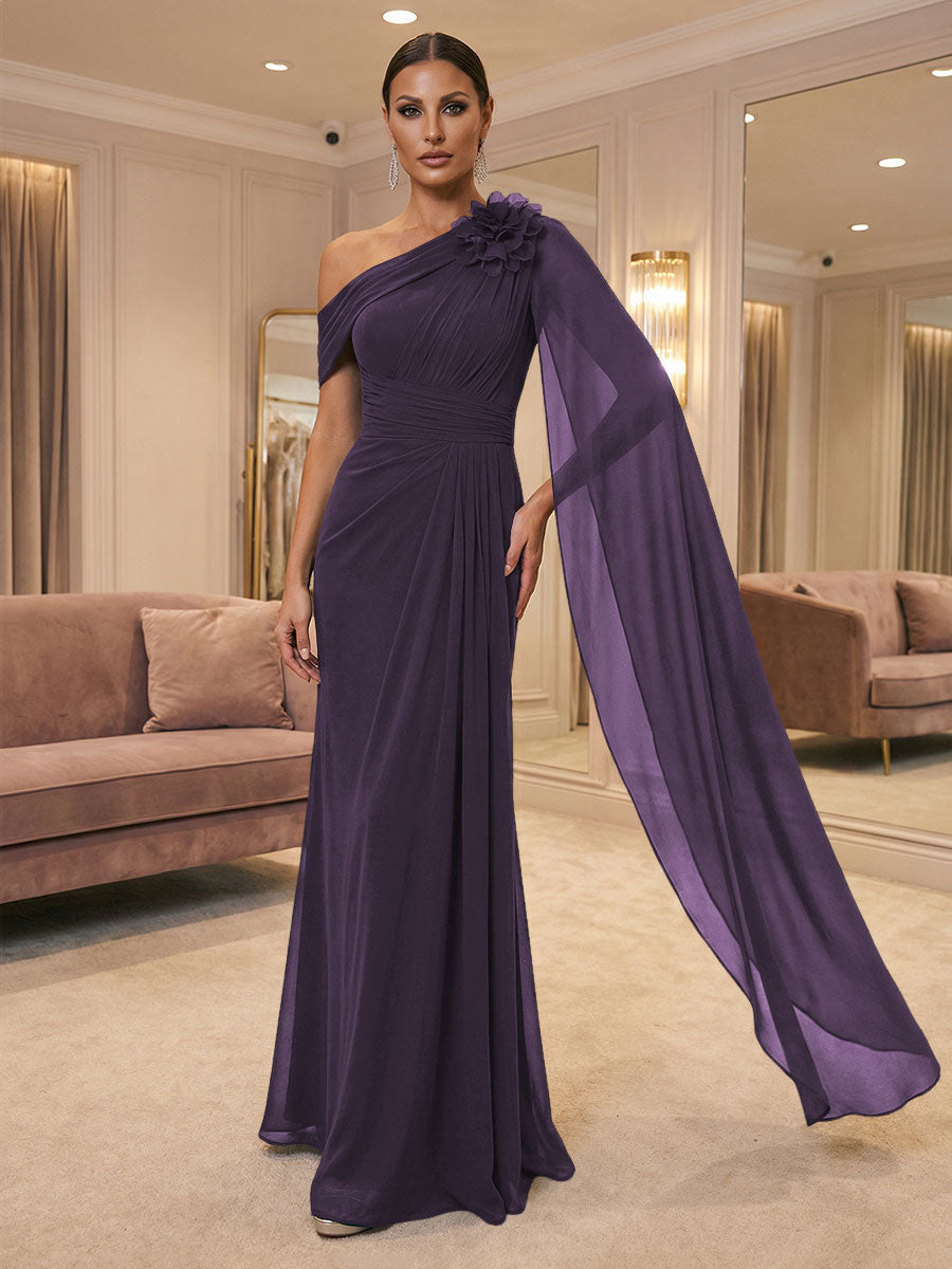 A-Line Off Shoulder Chiffon Cape Sleeves Maxi Mother of the Bride & Groom Dresses with Ruched Waist & 3D Floral Applique