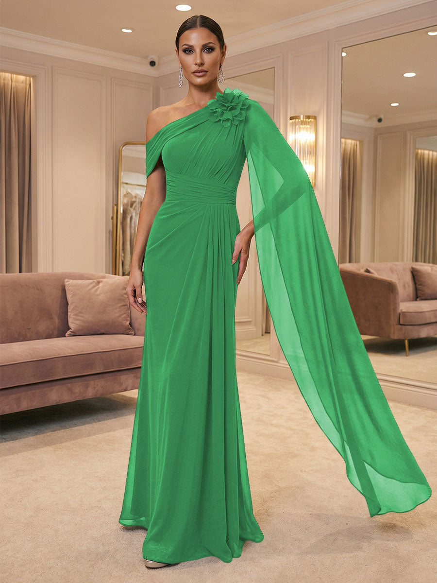A-Line Off Shoulder Chiffon Cape Sleeves Maxi Mother of the Bride & Groom Dresses with Ruched Waist & 3D Floral Applique