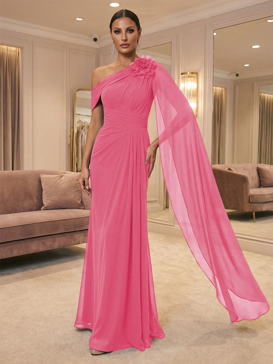 A-Line Off Shoulder Chiffon Cape Sleeves Maxi Mother of the Bride & Groom Dresses with Ruched Waist & 3D Floral Applique
