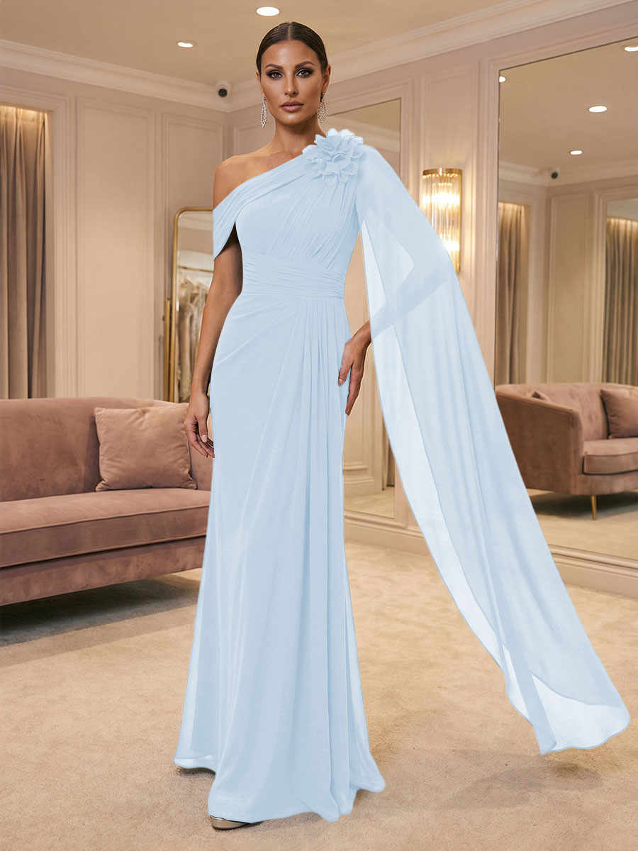 A-Line Off Shoulder Chiffon Cape Sleeves Maxi Mother of the Bride & Groom Dresses with Ruched Waist & 3D Floral Applique