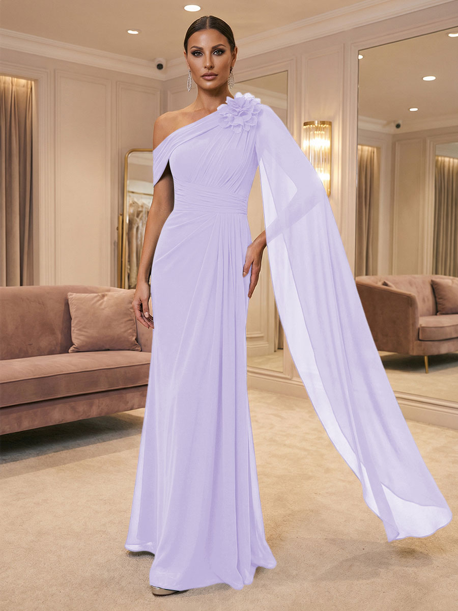 A-Line Off Shoulder Chiffon Cape Sleeves Maxi Mother of the Bride & Groom Dresses with Ruched Waist & 3D Floral Applique
