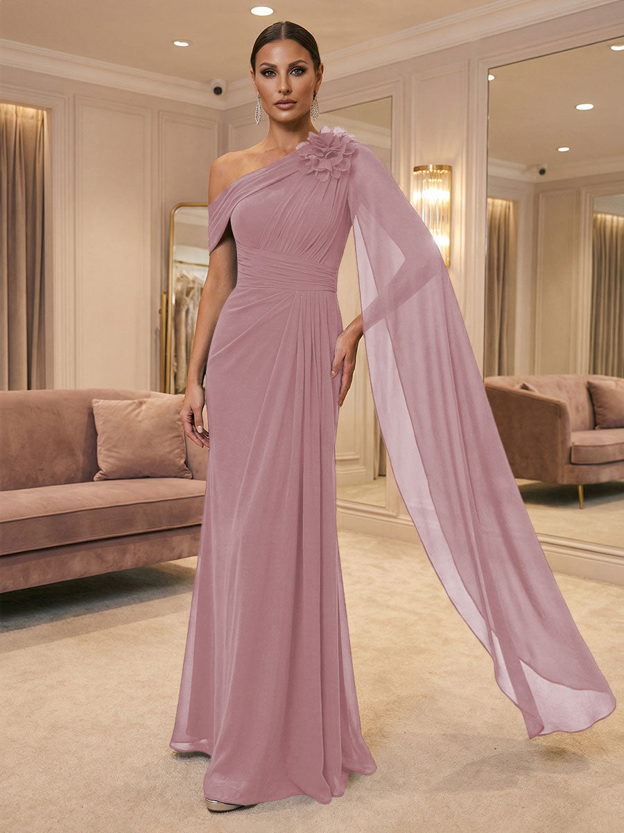 A-Line Off Shoulder Chiffon Cape Sleeves Maxi Mother of the Bride & Groom Dresses with Ruched Waist & 3D Floral Applique