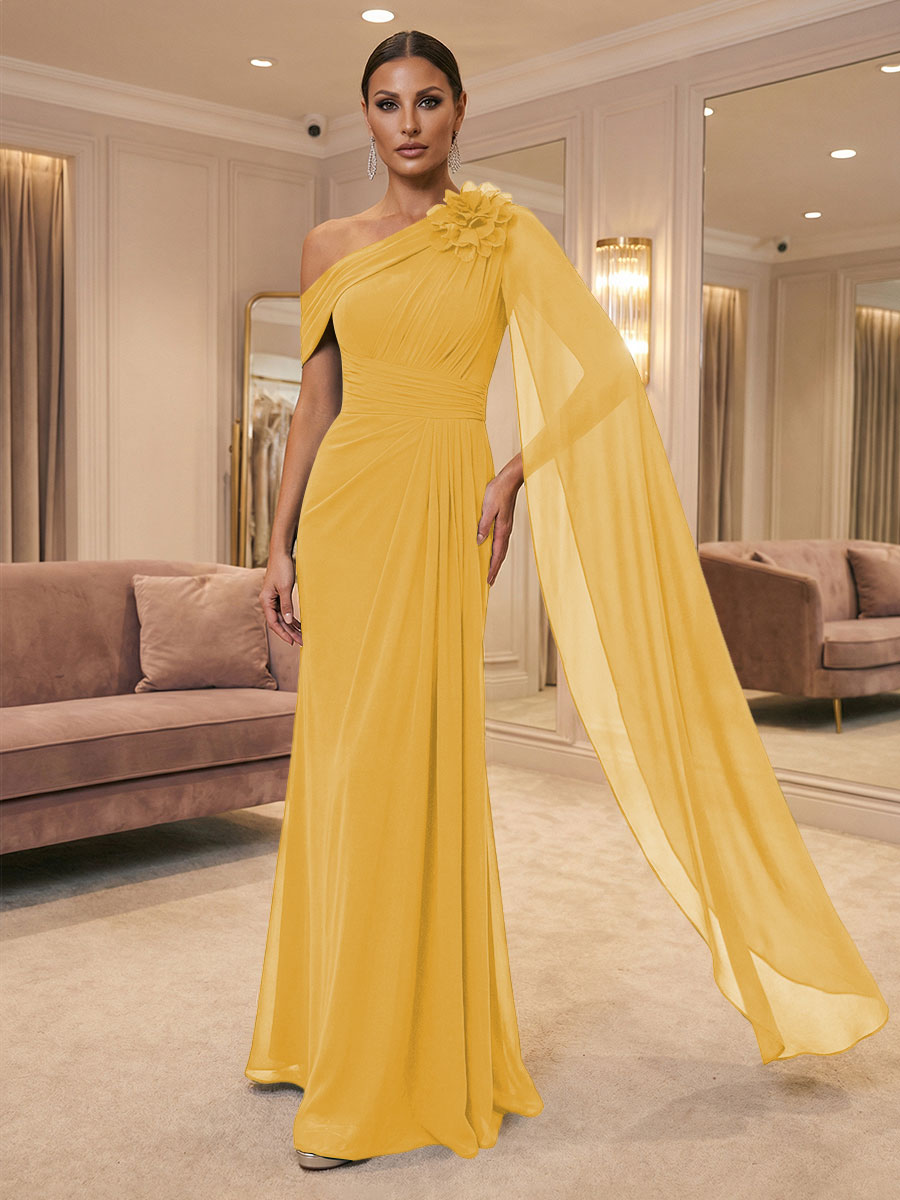 A-Line Off Shoulder Chiffon Cape Sleeves Maxi Mother of the Bride & Groom Dresses with Ruched Waist & 3D Floral Applique