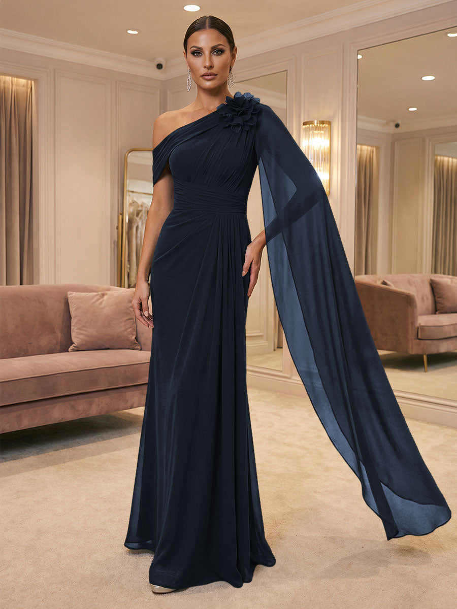 A-Line Off Shoulder Chiffon Cape Sleeves Maxi Mother of the Bride & Groom Dresses with Ruched Waist & 3D Floral Applique