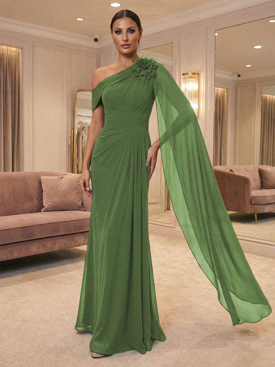 A-Line Off Shoulder Chiffon Cape Sleeves Maxi Mother of the Bride & Groom Dresses with Ruched Waist & 3D Floral Applique