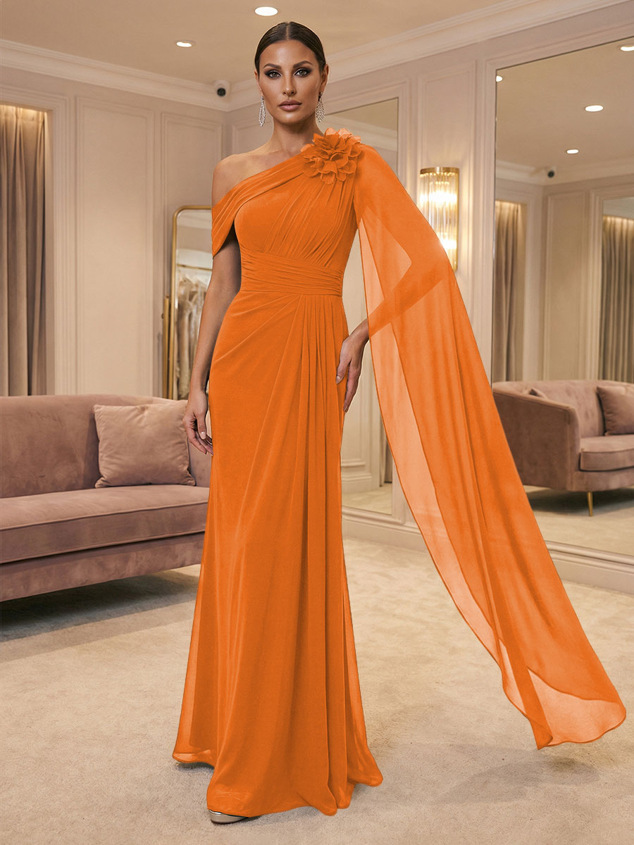 A-Line Off Shoulder Chiffon Cape Sleeves Maxi Mother of the Bride & Groom Dresses with Ruched Waist & 3D Floral Applique