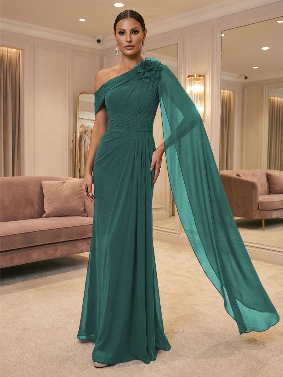 A-Line Off Shoulder Chiffon Cape Sleeves Maxi Mother of the Bride & Groom Dresses with Ruched Waist & 3D Floral Applique