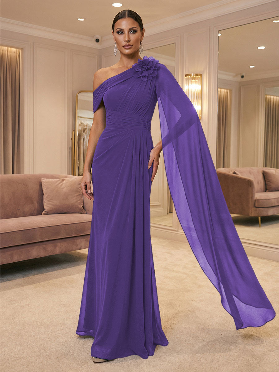 A-Line Off Shoulder Chiffon Cape Sleeves Maxi Mother of the Bride & Groom Dresses with Ruched Waist & 3D Floral Applique