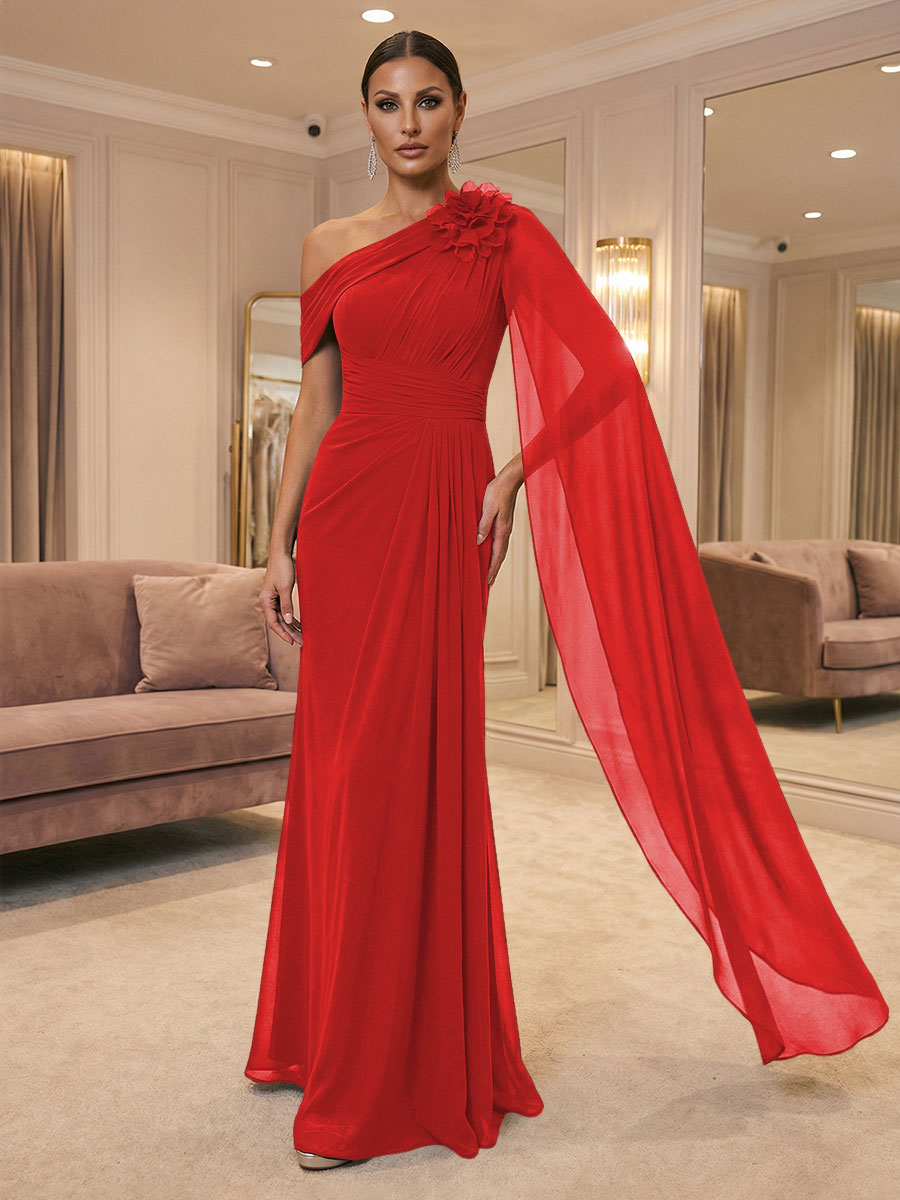 A-Line Off Shoulder Chiffon Cape Sleeves Maxi Mother of the Bride & Groom Dresses with Ruched Waist & 3D Floral Applique