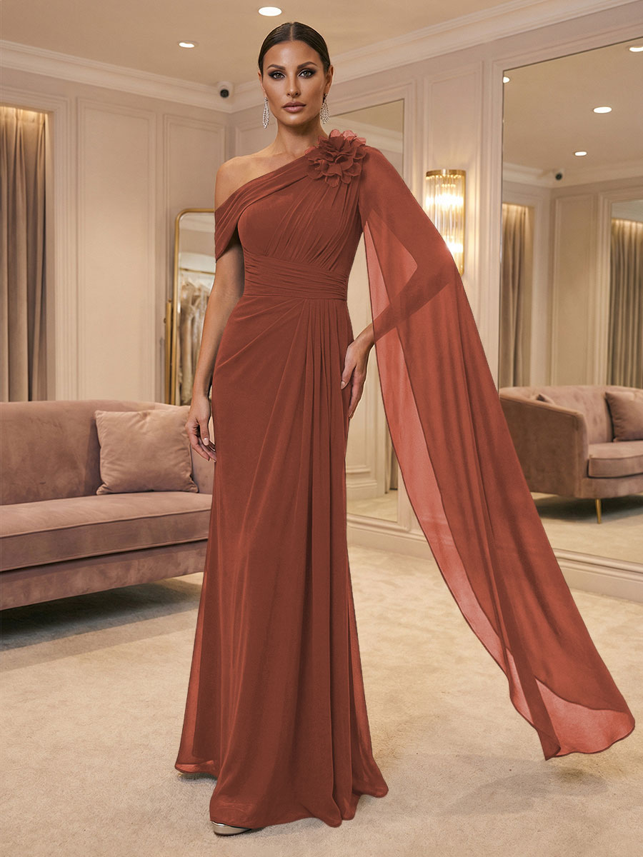 A-Line Off Shoulder Chiffon Cape Sleeves Maxi Mother of the Bride & Groom Dresses with Ruched Waist & 3D Floral Applique