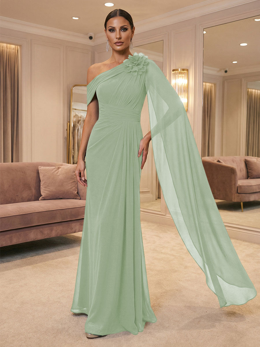 A-Line Off Shoulder Chiffon Cape Sleeves Maxi Mother of the Bride & Groom Dresses with Ruched Waist & 3D Floral Applique