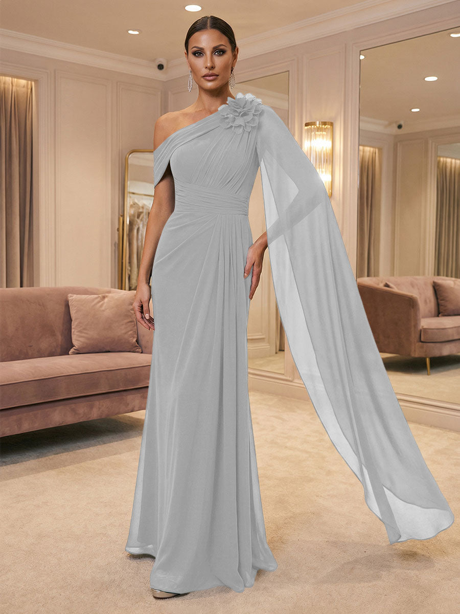 A-Line Off Shoulder Chiffon Cape Sleeves Maxi Mother of the Bride & Groom Dresses with Ruched Waist & 3D Floral Applique