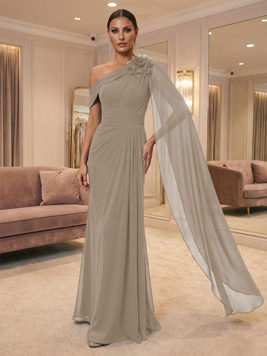 A-Line Off Shoulder Chiffon Cape Sleeves Maxi Mother of the Bride & Groom Dresses with Ruched Waist & 3D Floral Applique