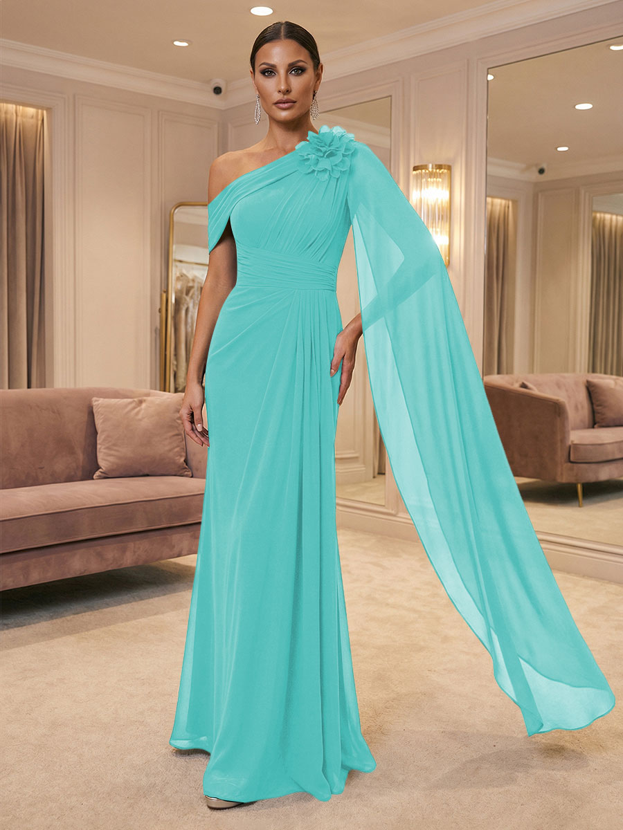 A-Line Off Shoulder Chiffon Cape Sleeves Maxi Mother of the Bride & Groom Dresses with Ruched Waist & 3D Floral Applique