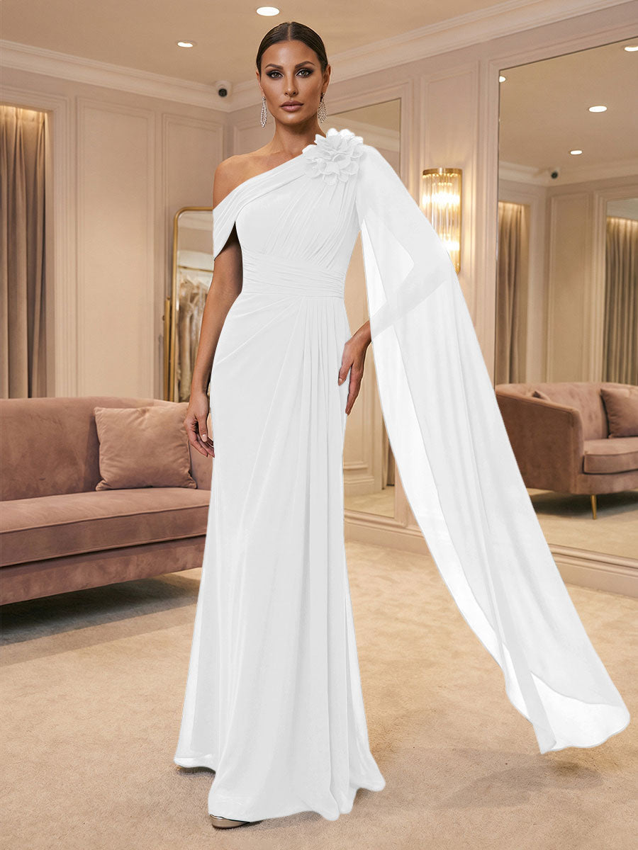 A-Line Off Shoulder Chiffon Cape Sleeves Maxi Mother of the Bride & Groom Dresses with Ruched Waist & 3D Floral Applique