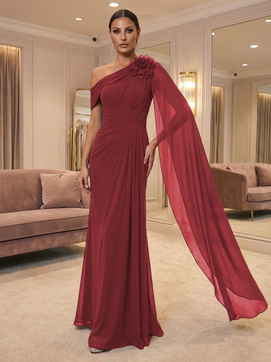 A-Line Off Shoulder Chiffon Cape Sleeves Maxi Mother of the Bride & Groom Dresses with Ruched Waist & 3D Floral Applique