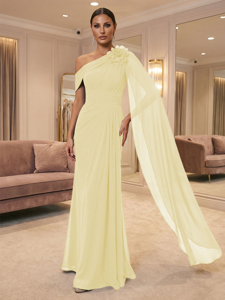 A-Line Off Shoulder Chiffon Cape Sleeves Maxi Mother of the Bride & Groom Dresses with Ruched Waist & 3D Floral Applique