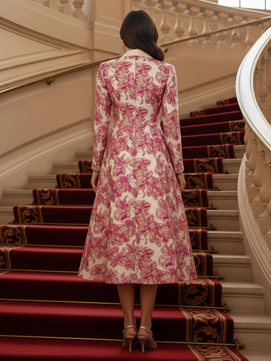 2 Pieces Floral Jacquard A-Line Midi-Length Mother of the Bride & Groom Dresses Suit with 3/4 Sleeves Tailored Blazer