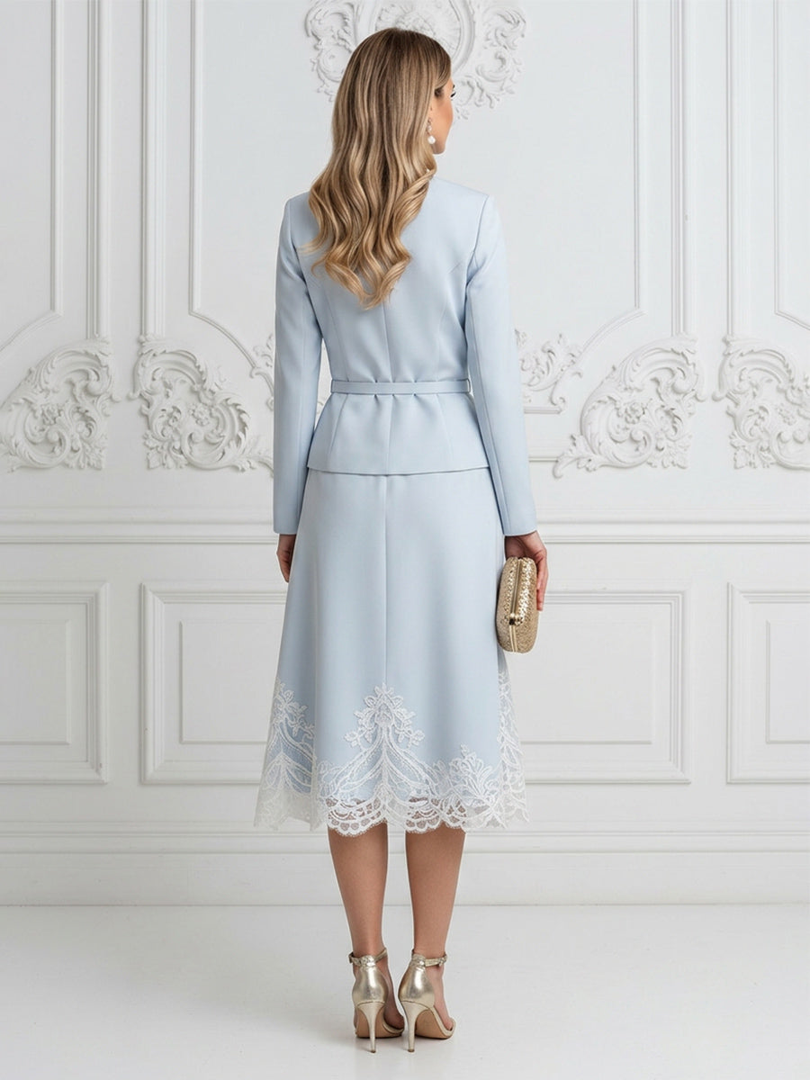 2 Pieces Satin Mother of the Bride & Groom Dresses Suit with Long Sleeves Peplum Blazer & A-Line Midi-Length Lace Embroidery Trim Dress