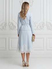 2 Pieces Satin Mother of the Bride & Groom Dresses Suit with Long Sleeves Peplum Blazer & A-Line Midi-Length Lace Embroidery Trim Dress