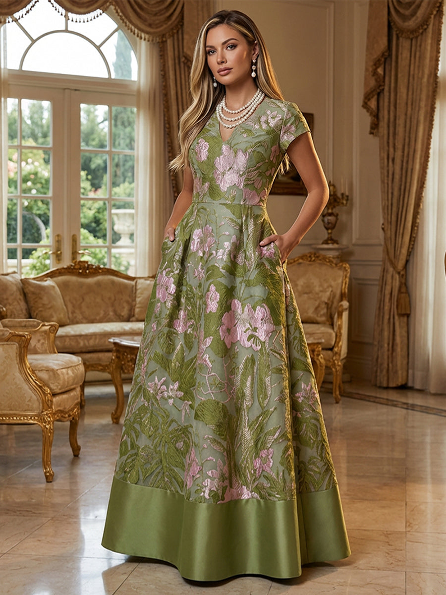 A-Line Floral Jacquard Floor-Length Mother of the Bride & Groom Dresses with V-Neck, Cap Sleeves