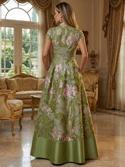 A-Line Floral Jacquard Floor-Length Mother of the Bride & Groom Dresses with V-Neck, Cap Sleeves