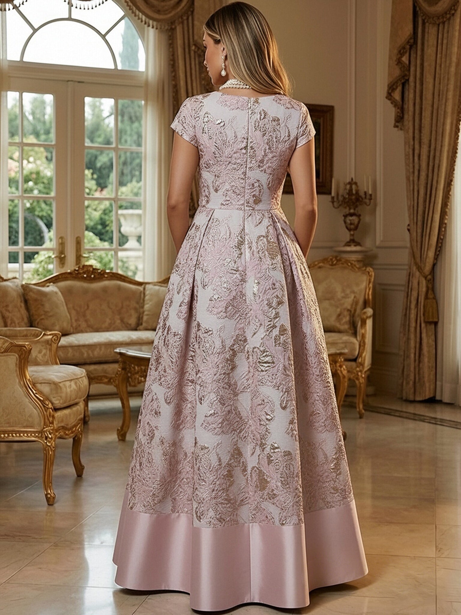 A-Line Floral Jacquard Floor-Length Mother of the Bride & Groom Dresses with V-Neck, Cap Sleeves