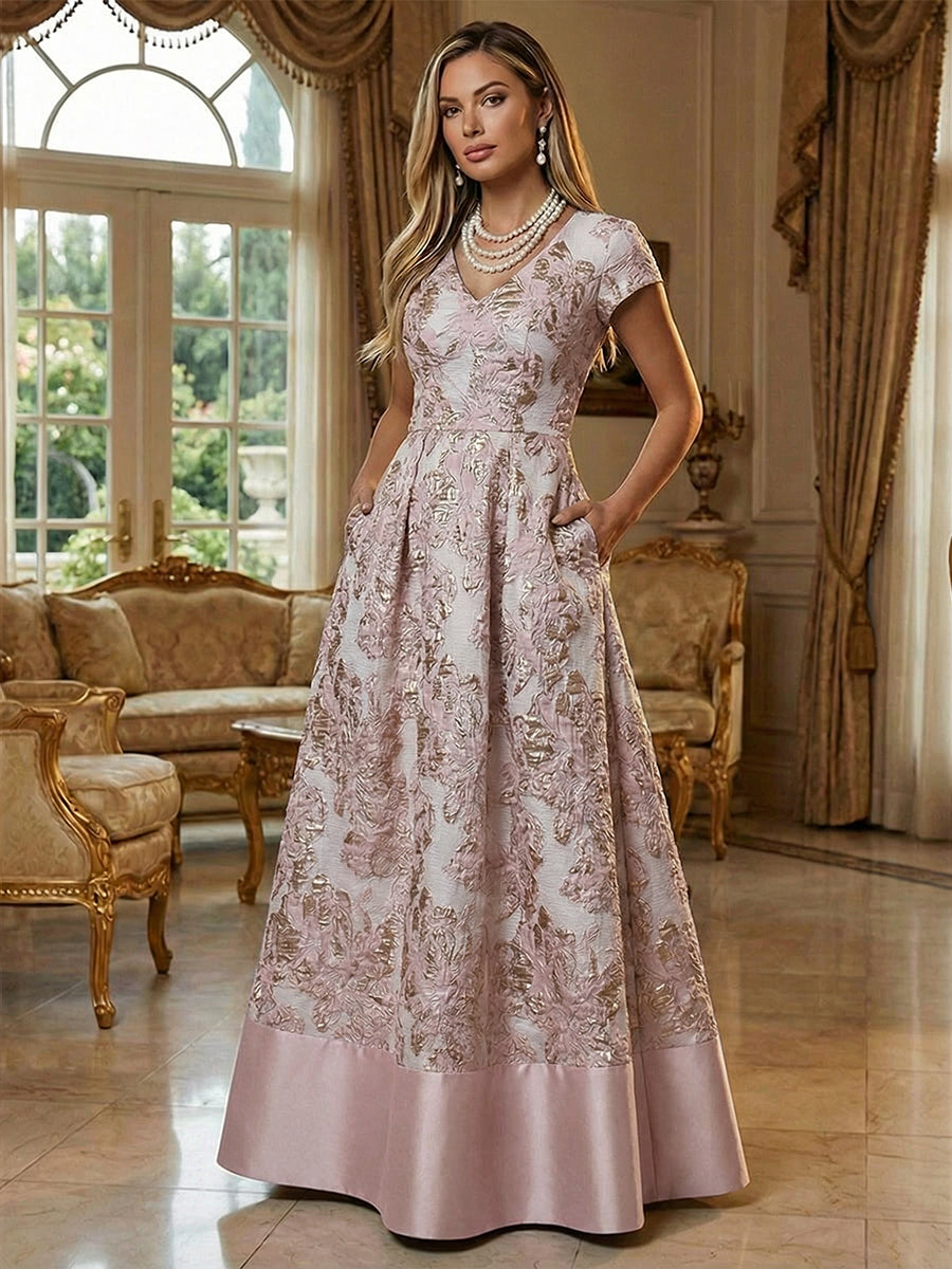 A-Line Floral Jacquard Floor-Length Mother of the Bride & Groom Dresses with V-Neck, Cap Sleeves