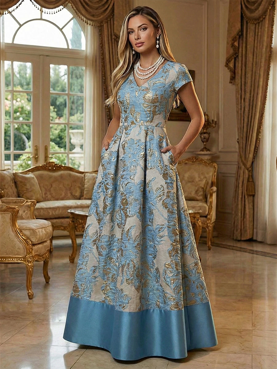 A-Line Floral Jacquard Floor-Length Mother of the Bride & Groom Dresses with V-Neck, Cap Sleeves