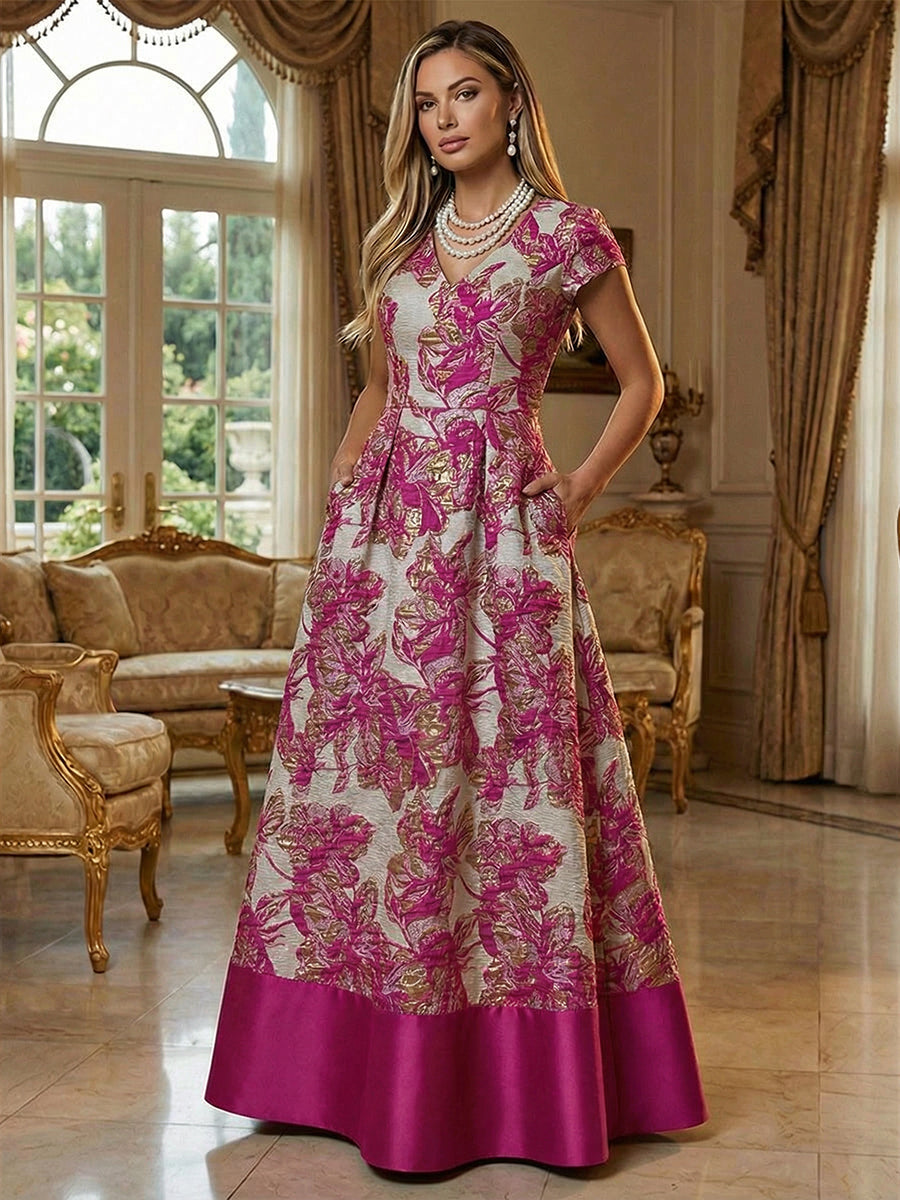 A-Line Floral Jacquard Floor-Length Mother of the Bride & Groom Dresses with V-Neck, Cap Sleeves