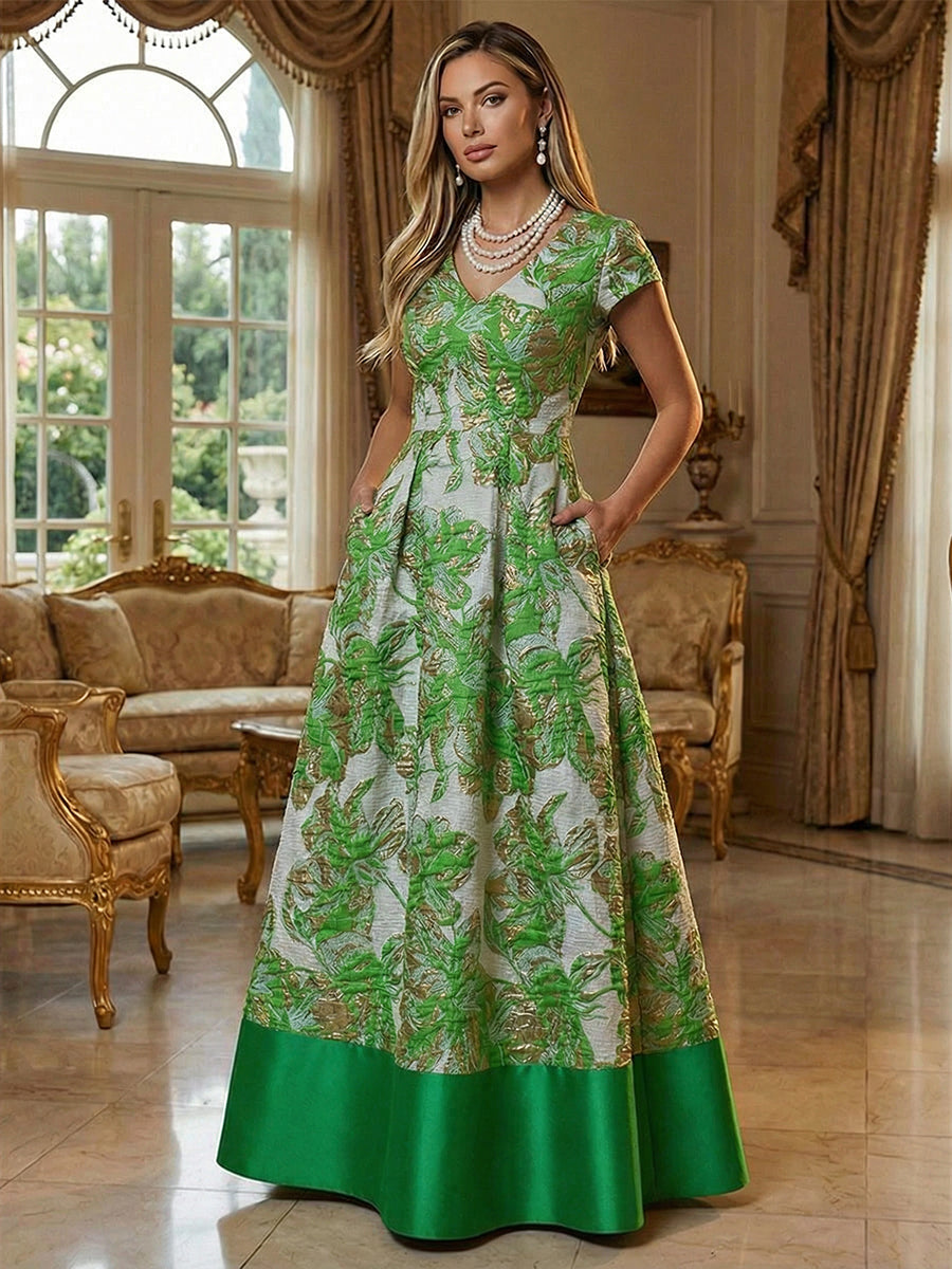 A-Line Floral Jacquard Floor-Length Mother of the Bride & Groom Dresses with V-Neck, Cap Sleeves
