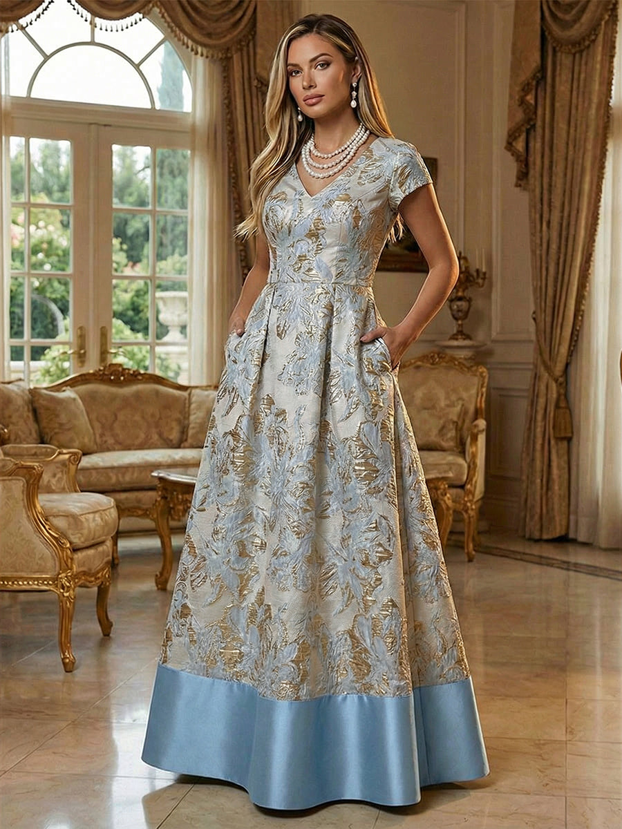A-Line Floral Jacquard Floor-Length Mother of the Bride & Groom Dresses with V-Neck, Cap Sleeves