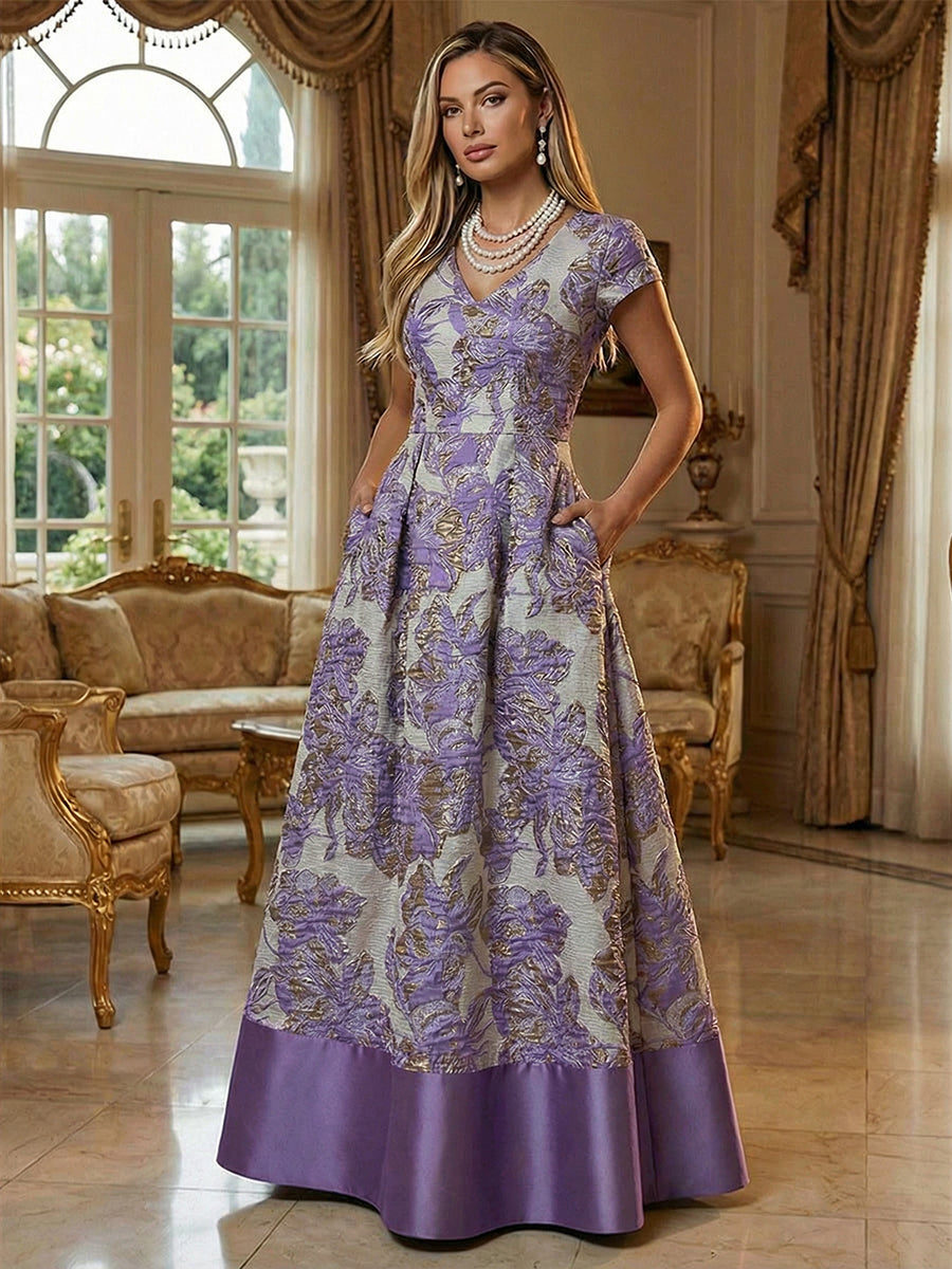 A-Line Floral Jacquard Floor-Length Mother of the Bride & Groom Dresses with V-Neck, Cap Sleeves