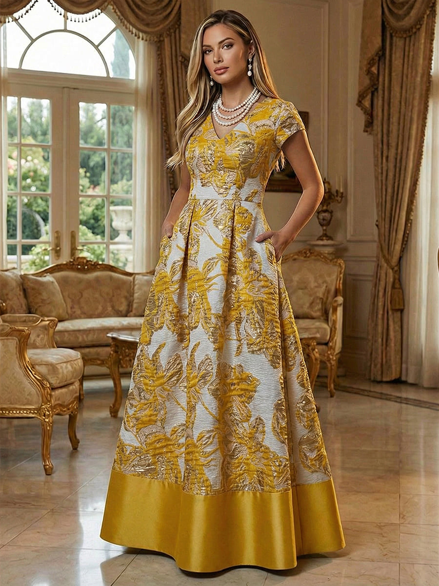 A-Line Floral Jacquard Floor-Length Mother of the Bride & Groom Dresses with V-Neck, Cap Sleeves