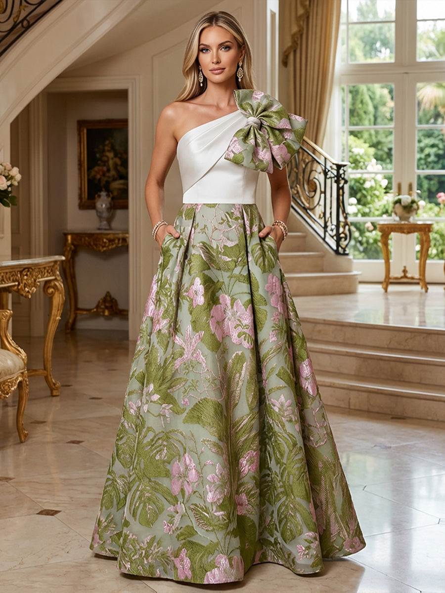 A-Line Floral Jacquard One Shoulder Mother of the Bride & Groom Dresses Floor-Length Evening Gowns with Bow