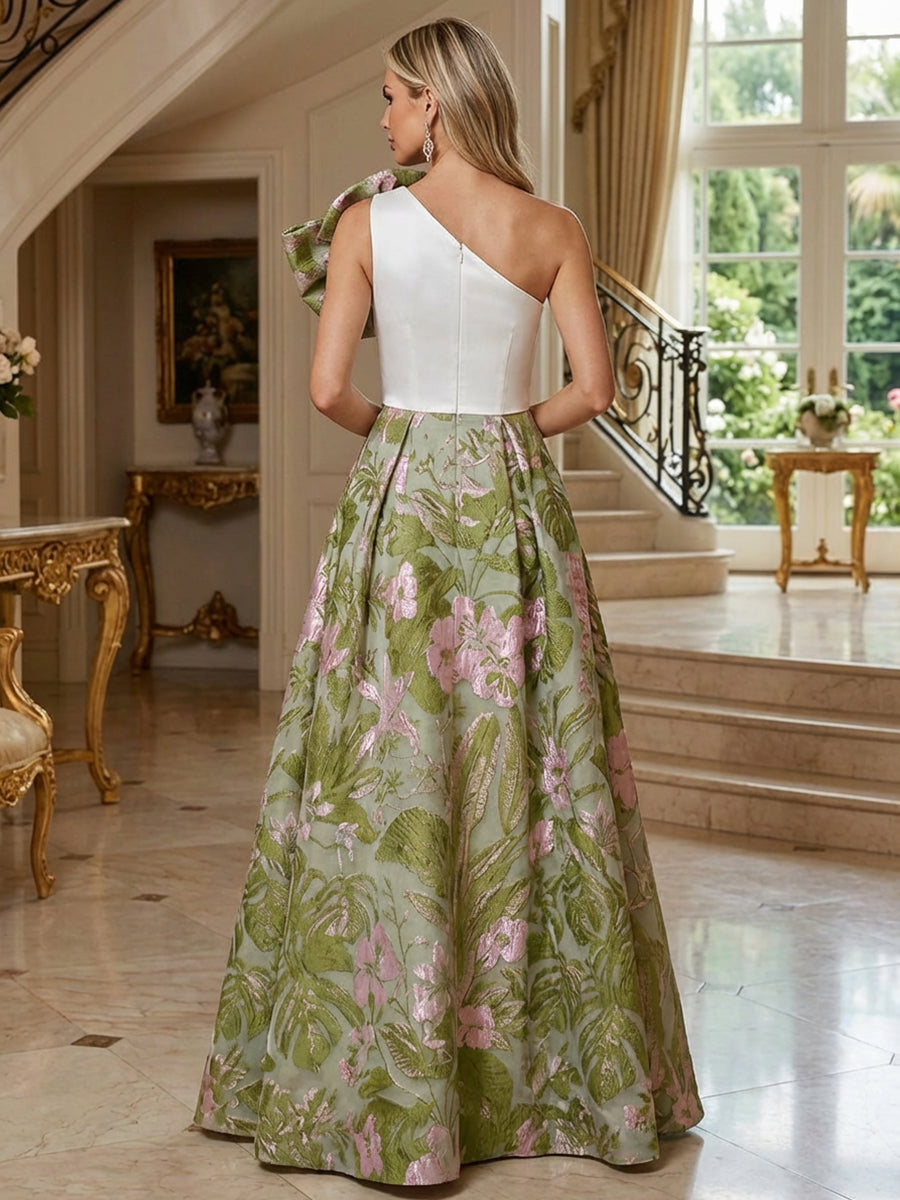 A-Line Floral Jacquard One Shoulder Mother of the Bride & Groom Dresses Floor-Length Evening Gowns with Bow