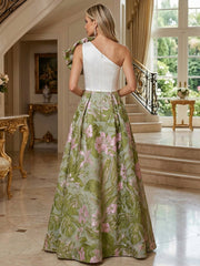 A-Line Floral Jacquard One Shoulder Mother of the Bride & Groom Dresses Floor-Length Evening Gowns with Bow
