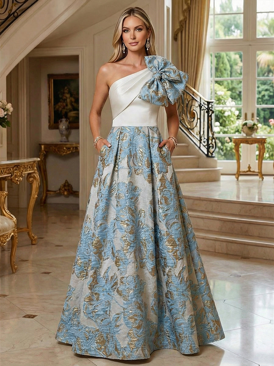 A-Line Floral Jacquard One Shoulder Mother of the Bride & Groom Dresses Floor-Length Evening Gowns with Bow