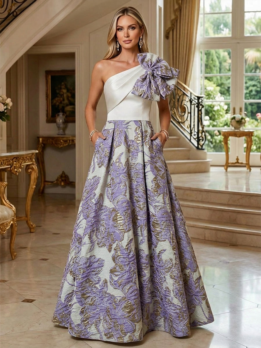 A-Line Floral Jacquard One Shoulder Mother of the Bride & Groom Dresses Floor-Length Evening Gowns with Bow